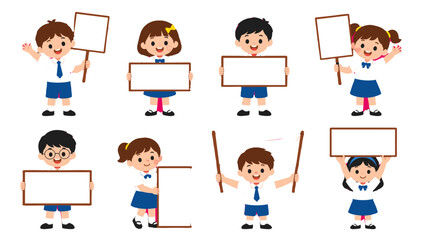 Cute school children holding blank sign boards set © Alan