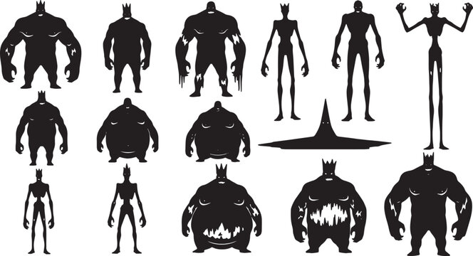 Collection of black vector silhouettes featuring various fantasy monster characters such as muscular giants, spindly ghouls, and obese demons with crowns on a white background.