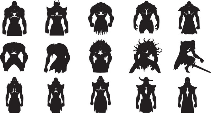 Collection of fifteen distinct black silhouettes of fantasy warriors, demonic entities, and armored creatures featuring white glowing chest symbols isolated on a plain white background.