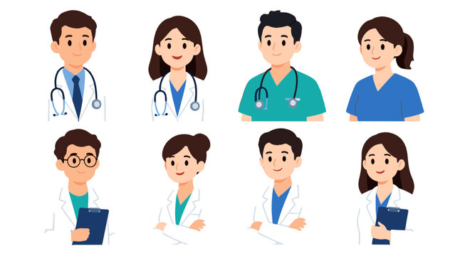 Set of doctor and nurse character avatars in flat style