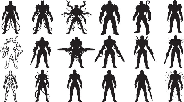 Set of 18 Futuristic Sci-Fi Character Silhouettes on White Background, featuring Cybernetic Warriors, Alien Mutants with Tentacles, Armored Soldiers, and Robotic Combatants for Concept Art.