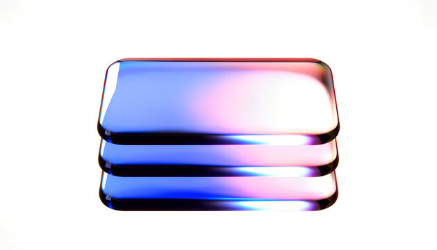 3D stacked credit cards or blank sleek plates with futuristic holographic metallic finish isolated on white background