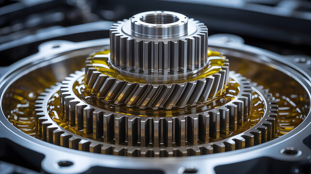 Closeup of a complex planetary gear system with metal gears coated in lubricant oil inside a mechanical assembly