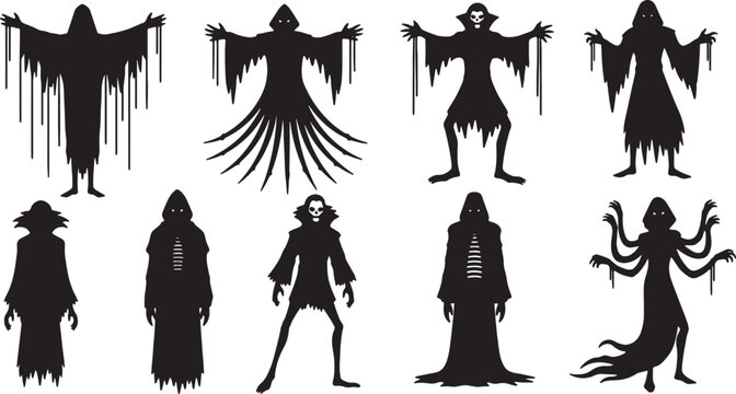Collection of horror silhouette illustrations featuring hooded reapers, spooky ghosts, skeletal figures, and demonic monsters isolated on a white background for graphic design.