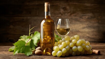 Obraz premium wine list background; sweet white grapes and wine bottle 