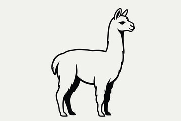 Fototapeta premium Simple black and white line art drawing of a llama or alpaca standing in profile against a light gray background for coloring.