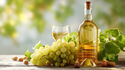 Obraz premium wine list background; sweet white grapes and wine bottle 