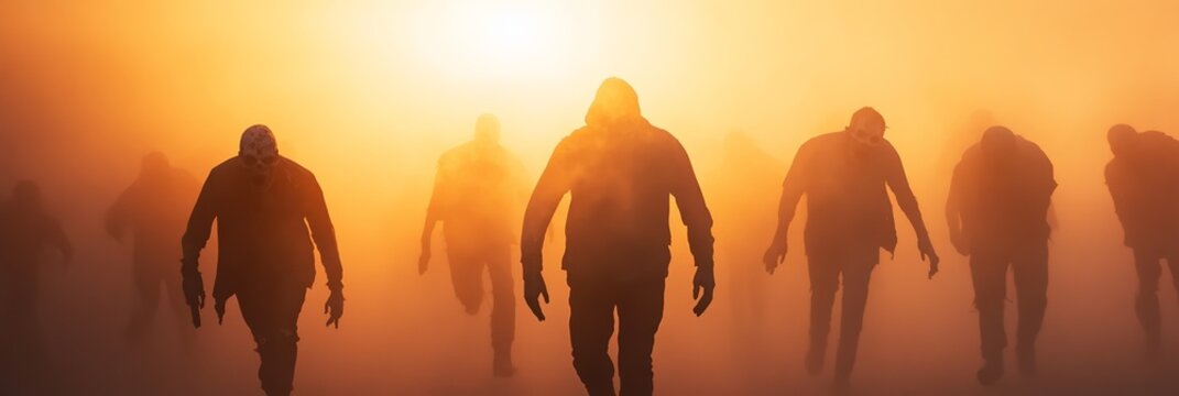 Creepy undead figures approaching menacingly during an apocalypse, shrouded in fog against a haunting orange background, with a dim sun casting eerie shadows on the scene