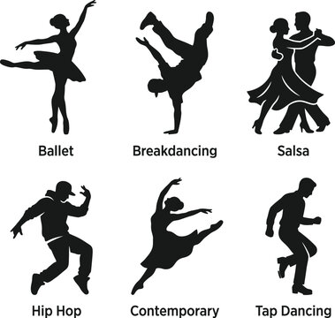 Set of six black silhouette dancers with text labels, featuring ballet, breakdancing, salsa, hip hop, contemporary, and tap dancing on transparent background.