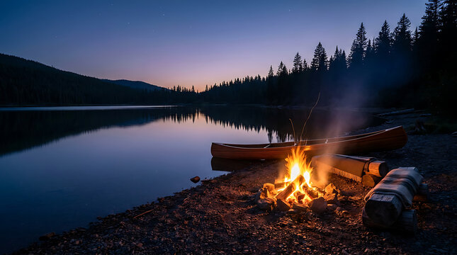 Canoes by a serene lake at dusk with a warm campfire burning