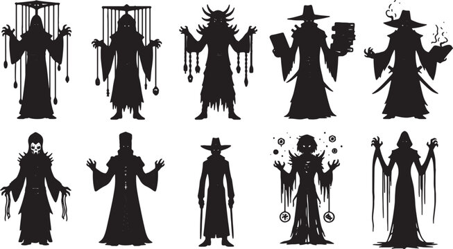 Collection of ten black silhouette illustrations of dark fantasy sorcerers, necromancers, warlocks, and occult characters in robes and mystical headpieces, isolated on white background.