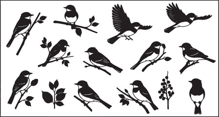 Obraz premium Collection of black and white bird silhouettes in various poses including perching on branches and flying with wings spread, featuring detailed leaves and berry branch accents.