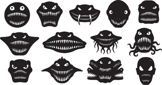 Collection of thirteen black monster face silhouettes with sharp white teeth and angry eyes isolated on white background, featuring various creature shapes, aliens, demons, and ghouls.