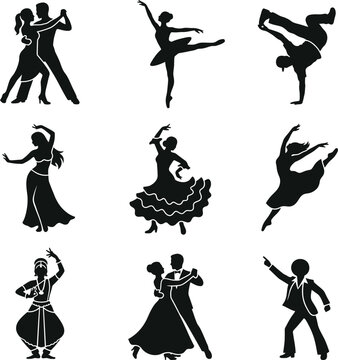 Set of black silhouettes featuring diverse dancing people including classical ballet dancers and modern break dancers isolated on a transparent background for design projects.