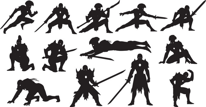 Collection of black silhouettes featuring fantasy warriors and sci-fi knights in dynamic combat poses with swords and spears, armored character design set for gaming and RPG concepts.