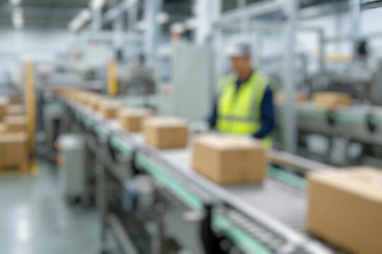 Blurred warehouse worker monitoring package conveyor line in a modern automated factory.