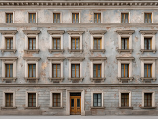 Fototapeta premium Classic European building facade with symmetrical windows, weathered light blue plaster walls, and rustic wooden door