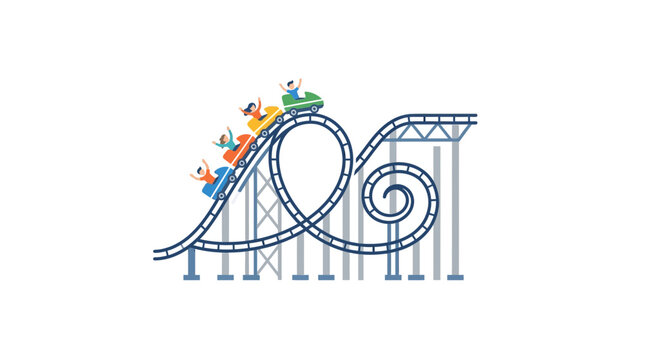 Colorful Cartoon Roller Coaster with Happy Riders on White Background