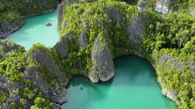 Aerial Close Up of the Turquoise Star Lagoon in Piaynemo, Raja Ampat, Indonesia. Limestone cliffs, lush jungle and untouched marine environment.