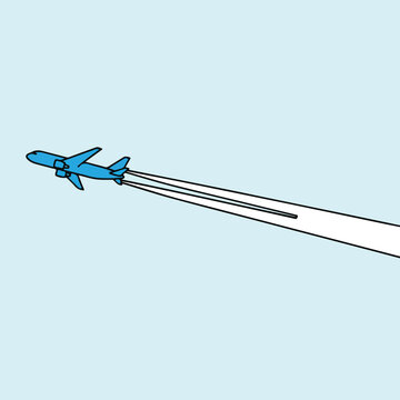 A blue jet airplane flying with contrails on a pale blue background
