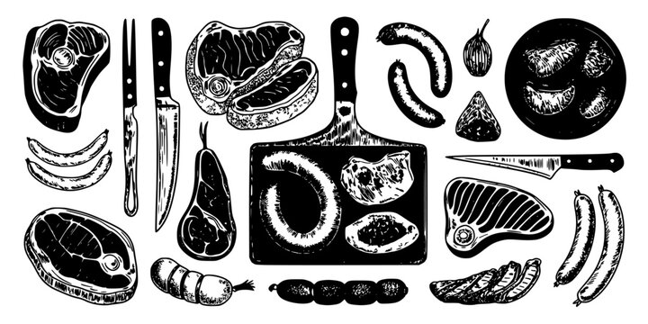 Bread Ingredients and Spices Icons Set in Hand-Drawn Black Ink Style on White Background for Vintage Food Design