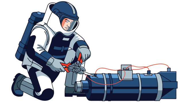 Person in hazmat suit defusing a device