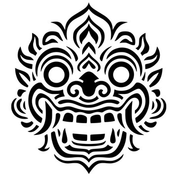 Minimalist vector silhouette of a traditional Balinese Barong mask, featuring ornate ethnic tribal patterns.
