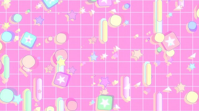 Colorful squares, stars, rounded lines, and circles flying up against pink grid background animation. (loop)