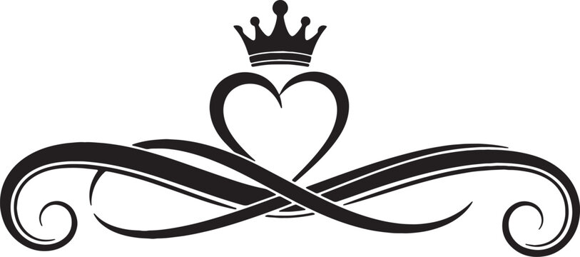 Black silhouette illustration featuring a heart shape topped with a royal crown and elegant calligraphic flourishes and swirls, isolated on a plain white background for graphic design.