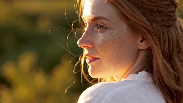 Side profile of a young woman with red hair and freckles in golden hour sunlight.
