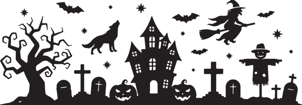 Black silhouette of a Halloween panorama featuring a haunted house, gnarly dead tree, graveyard with headstones, jack-o-lanterns, a flying witch, howling wolf, scarecrow, and bats.