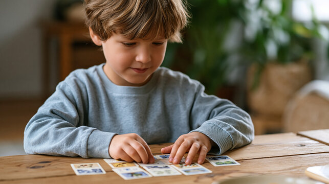 Child sorting memory card game pairs on wooden floor, hippocampus memory formation play-based learning, cognitive development activity, homeschool education candid, early