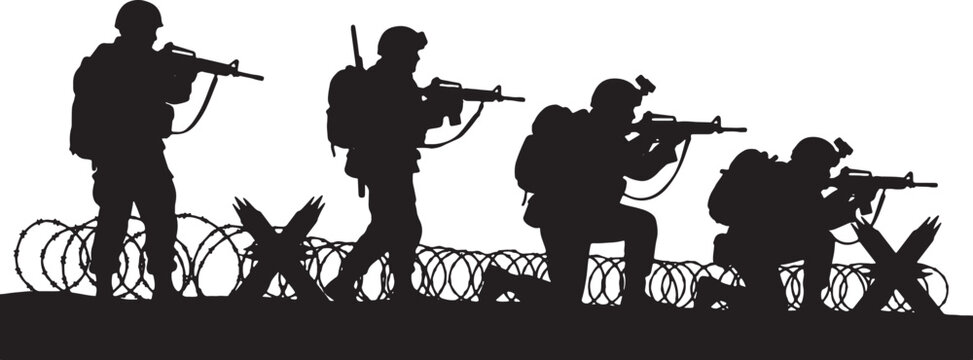 Silhouette illustration of four soldiers in tactical gear with assault rifles navigating a battlefield featuring concertina barbed wire and metal tank traps on a white background.