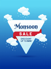 Obraz premium Monsoon Season sale banner, poster, web header or social media creative for promotional or advertising, Vector Illustration or umbrella, rainbow, clouds and water drops.