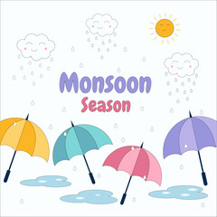 Obraz premium Monsoon Season sale banner, poster, web header or social media creative for promotional or advertising, Vector Illustration or umbrella, rainbow, clouds and water drops.