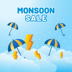 Obraz premium Monsoon Season sale banner, poster, web header or social media creative for promotional or advertising, Vector Illustration or umbrella, rainbow, clouds and water drops.