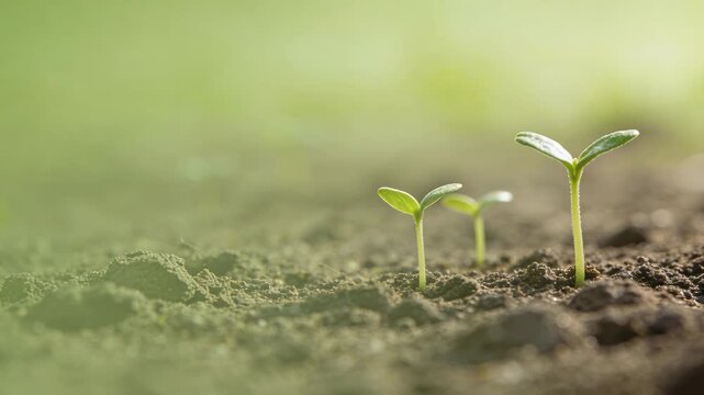 Young green sprouts germinating from moist soil, showcasing the process of plant growth, close-up shot.