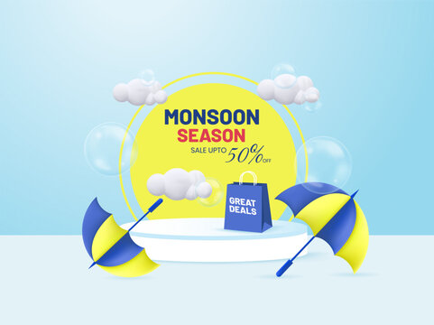 Monsoon Season sale banner, poster, web header or social media creative for promotional or advertising, Vector Illustration or umbrella, rainbow, clouds and water drops.