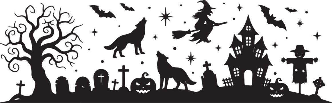 Black silhouette Halloween border with haunted house, flying witch, howling wolves, cemetery tombstones, spooky gnarled tree, bats, and jack-o-lantern pumpkins on a white background.