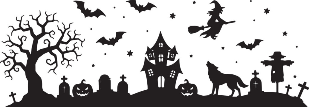 Halloween silhouette landscape with haunted house, flying witch, gnarled tree, graveyard tombstones, howling wolf, jack-o-lantern pumpkins, bats and stars on white background.