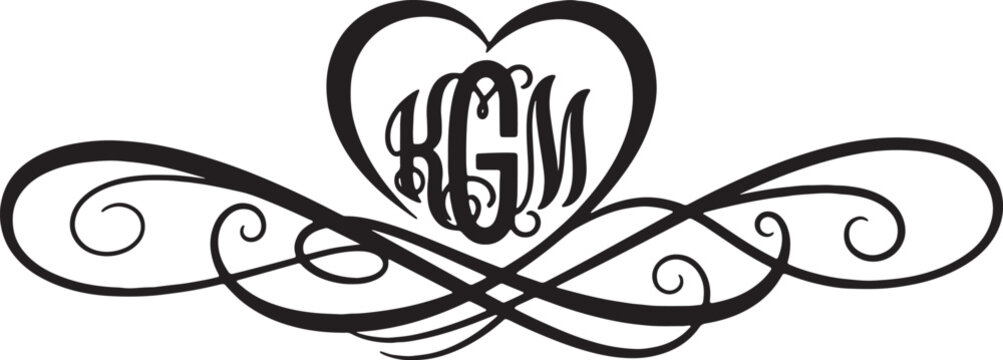 Elegant Monogram KGM Silhouette Featuring Initial Letters inside a Heart Shape Frame with Decorative Calligraphy Flourishes and Scrollwork Design Elements on White Background