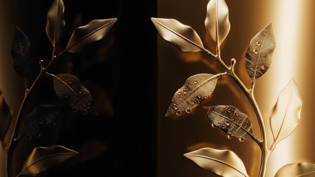 Golden plant branch with water droplet on metallic surface. Macro close up of metal leaves reflecting light. Luxury decorative element for interior design luxury