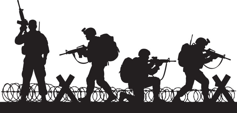 Black silhouette illustration of four military soldiers in tactical gear with assault rifles and backpacks moving past barbed wire and anti-tank obstacles on a white background.