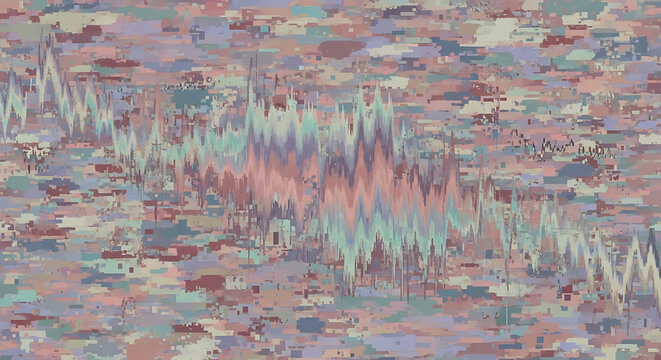 Abstract digital glitch art background with wavy interference pattern and pixelated texture
