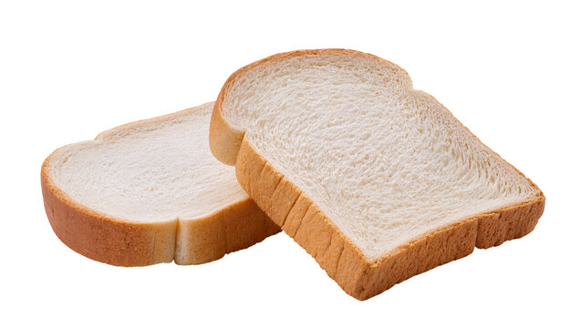 Isolated two freshly cut slices of soft white bread, staple food for breakfast or lunch.