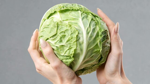 Women's hands slowly rotating a fresh green head of cabbage against a neutral grey background, showcasing its texture and ripe leaves, close-up shot.