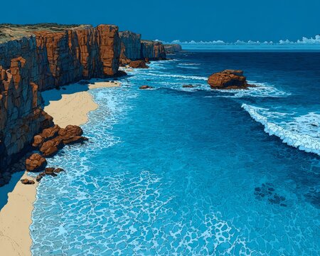 Australian sea cliffs and ocean waves landscape horizontal backdrop for travel destination on white.