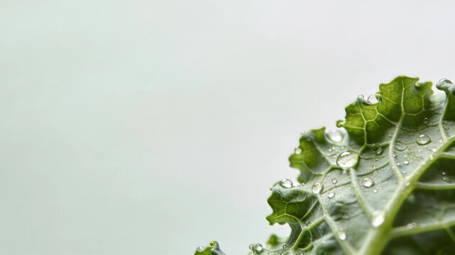 Close-up shot of a curly green cabbage leaf covered in water droplets against a bright background, showcasing freshness and texture.