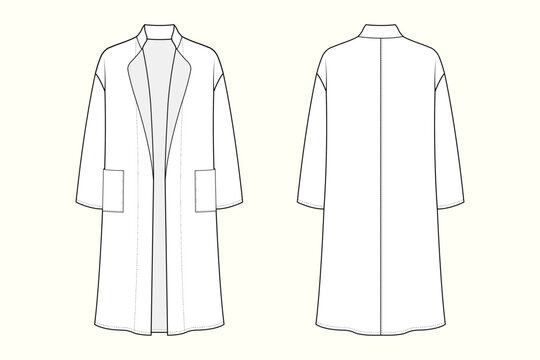 Oversized Open-Front Duster Coat with Shawl Collar and Patch Pockets Technical Flat Sketch Outline