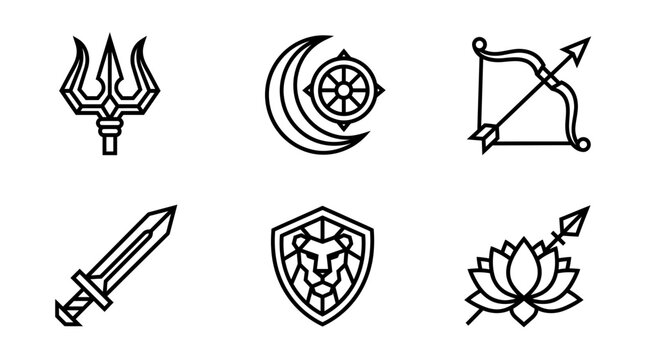 Set of six religious and cultural symbols including a trident, dharma wheel, bow and arrow, sword, lion crest, and lotus flower, presented in a minimalist outline style on a white background